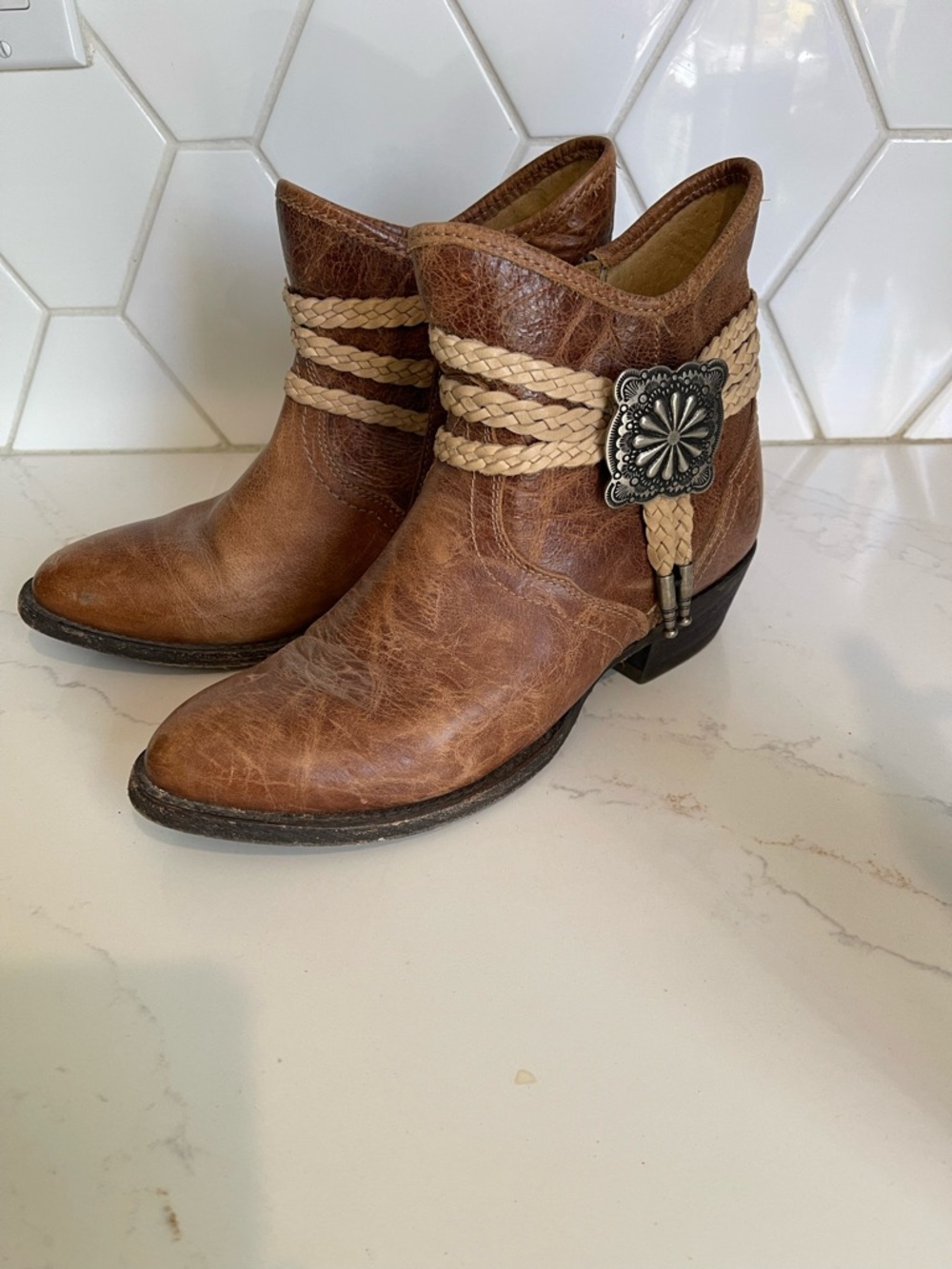 Ariat Brown Leather Ankle Booties with Braided Accent and Concho